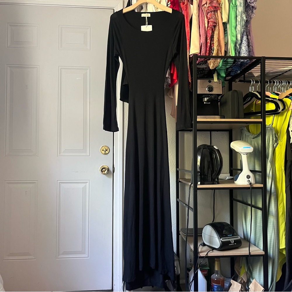 NWT KNYT‎ STUDIOS NYC black cutout waist long sleeve knit maxi dress